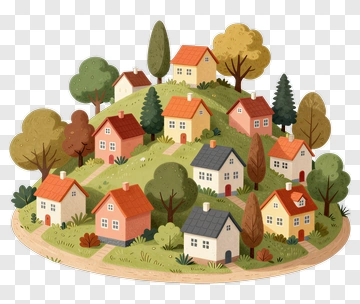 Colorful Village On A Hill PNG