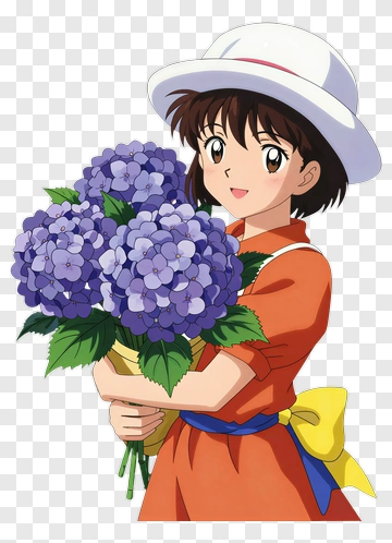 Girl Holding A Bouquet Of Purple Flowers PNG