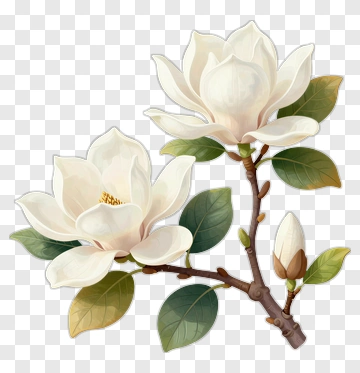 Magnolia Flower Branch With Blossoms And Leaves PNG