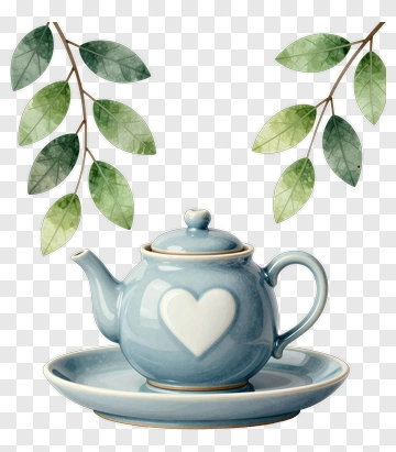 Blue Teapot With Heart Design And Green Leaves PNG