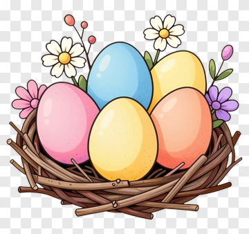 Colorful Easter Eggs In A Nest With Flowers PNG