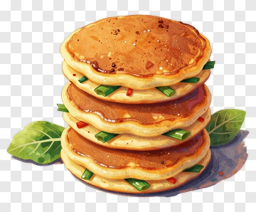 Stack Of Pancakes With Syrup And Green Onions PNG