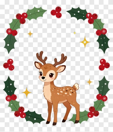 Cartoon Deer Surrounded By Christmas Holly PNG
