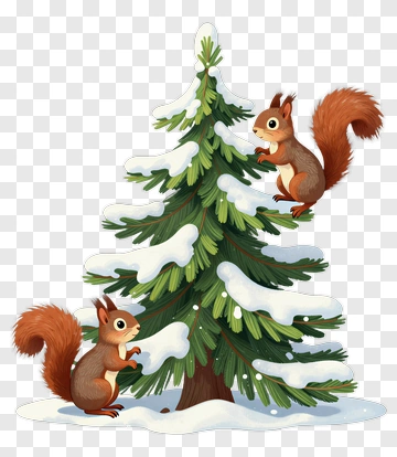 Cartoon Squirrels Climbing A Snowy Tree PNG