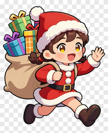Cartoon Girl In Santa Costume Carrying A Bag Of Gifts PNG