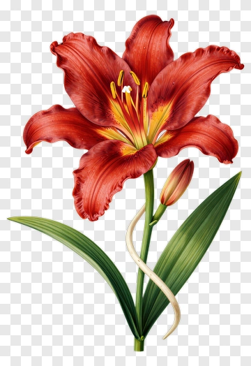 Red Lily Flower With Green Leaves PNG