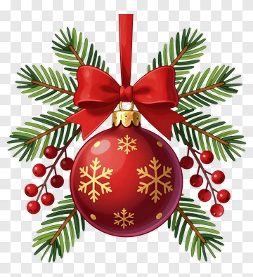 Christmas Ornament With Red Bow And Pine Branches PNG