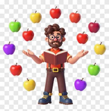 3D Teacher Juggling Colorful Apples While Reading A Book PNG