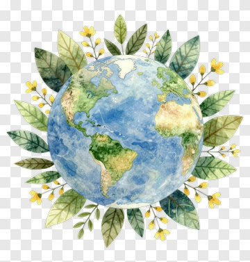 Watercolor Earth Surrounded By Green Leaves And Flowers PNG