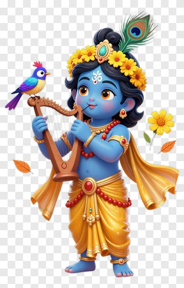 Cartoon Krishna Playing A Harp With A Bird PNG