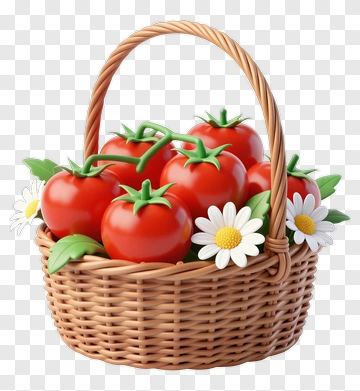 Basket Of Fresh Tomatoes With Flowers PNG