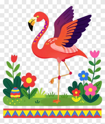 Colorful Flamingo Standing Among Flowers PNG