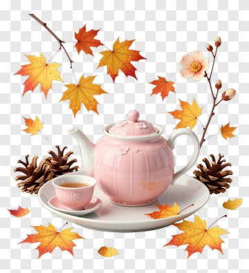 Pink Teapot With Autumn Leaves And Pine Cones PNG