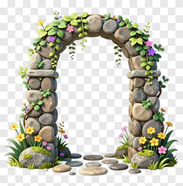 Stone Archway Surrounded By Flowers And Greenery PNG