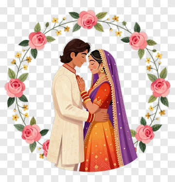 Couple Embracing In Traditional Attire With Floral Frame PNG
