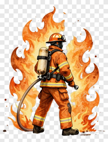 Firefighter Standing In Front Of Flames PNG