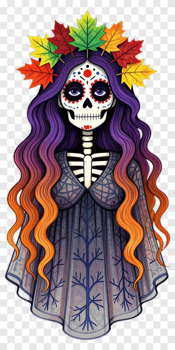 Colorful Skeleton Woman With Autumn Leaves PNG