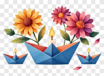 Colorful Paper Boats With Flowers And Candle PNG