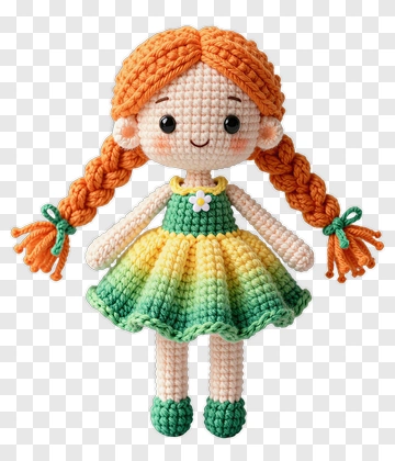 Crochet Doll With Orange Hair And Green Dress PNG