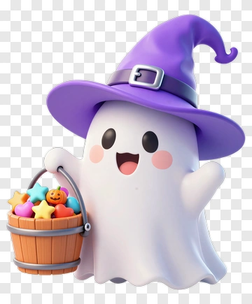 Cartoon Ghost Holding A Halloween Candy Bucket PNG