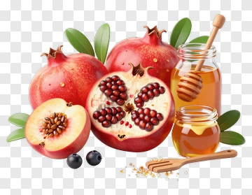 Pomegranate And Honey Jar With Wooden Spoon PNG