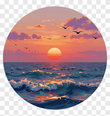 Sunset Over The Ocean With Flying Birds PNG