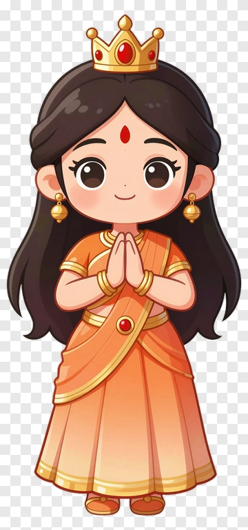 Cartoon Woman In Orange Saree With Crown PNG