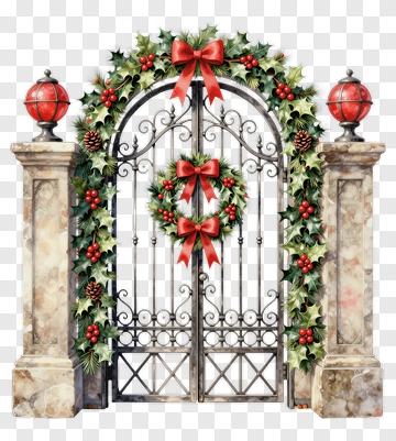 Christmas Gate Decorated With Wreath And Bows PNG