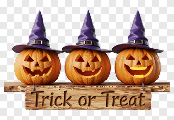 Halloween Pumpkins With Witch Hats And Trick Or Treat Sign PNG