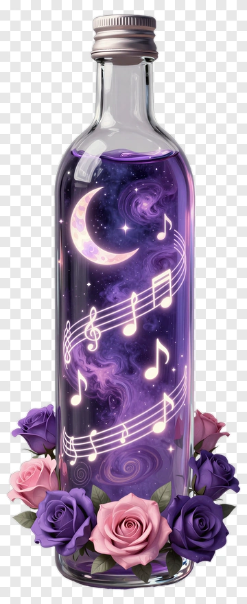 Magical Bottle With Musical Notes And Roses PNG