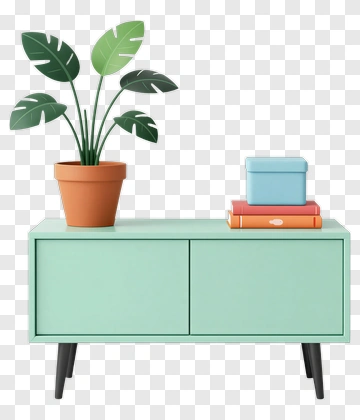 Mint Green Cabinet With Plant And Books PNG