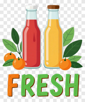 Fresh Juice Bottles With Oranges And Leaves PNG