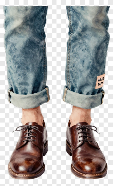 Brown Dress Shoes With Rolled-Up Denim Pants PNG