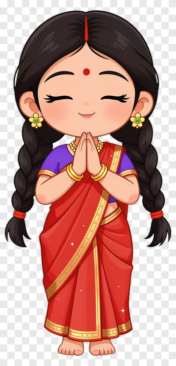 Cartoon Girl In Traditional Indian Dress With Hands Together PNG