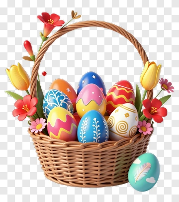 Easter Basket With Colorful Eggs And Flowers PNG