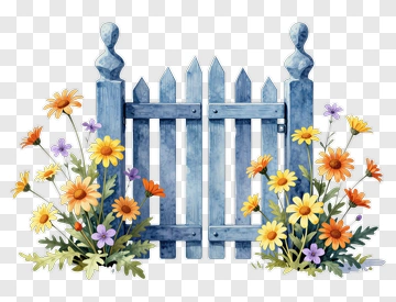 Wooden Garden Gate With Colorful Flowers PNG