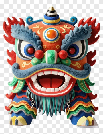 Colorful Chinese Lion Dance Sculpture PNG