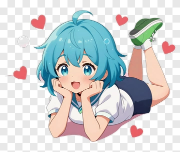 Happy Girl With Blue Hair And Hearts PNG