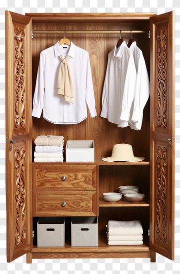 Wooden Wardrobe With Clothes And Accessories PNG