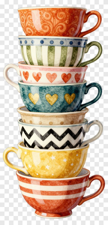Stack Of Colorful Decorative Teacups PNG