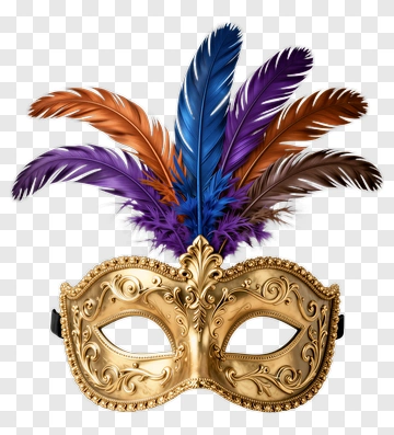 Gold Masquerade Mask With Colorful Feathers PNG