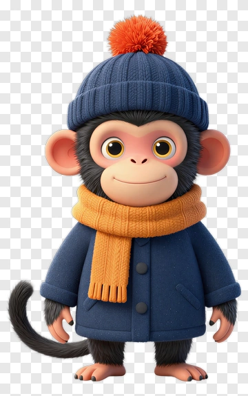 3D Monkey Wearing A Winter Coat And Hat PNG