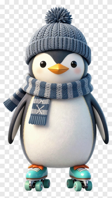 3D Penguin Wearing A Hat And Scarf On Roller Skates PNG