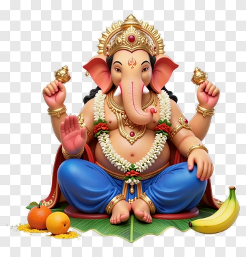 Colorful Ganesh Idol Surrounded By Fruits PNG