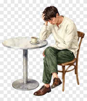 Sad Man Sitting At A Table With A Cup Of Coffee PNG