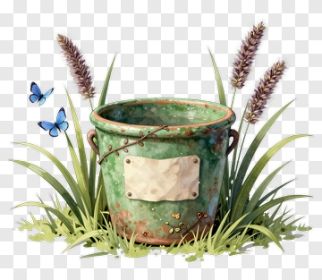 Green Flower Pot Surrounded By Grass And Butterflies PNG