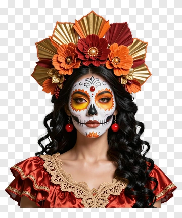 Woman With Sugar Skull Makeup And Floral Headpiece PNG
