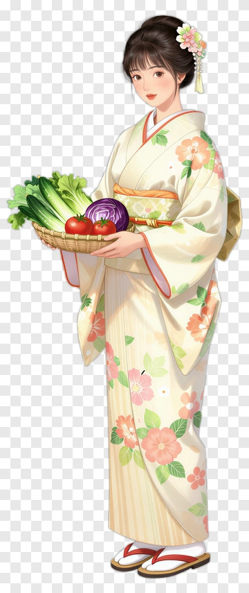 Woman In Kimono Holding A Basket Of Vegetables PNG