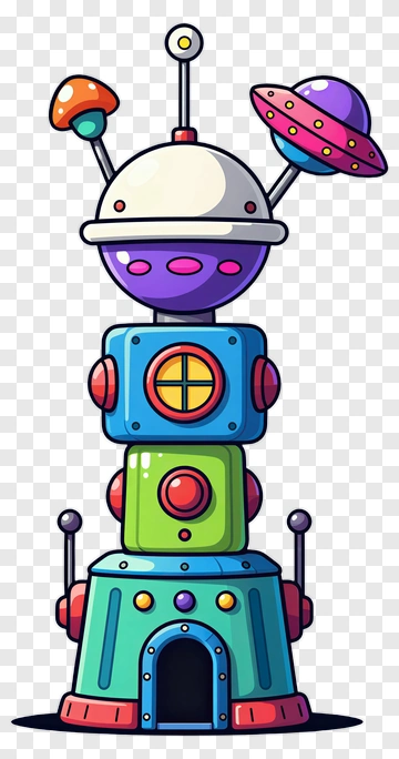 Cartoon Robot With Ufos On Top PNG