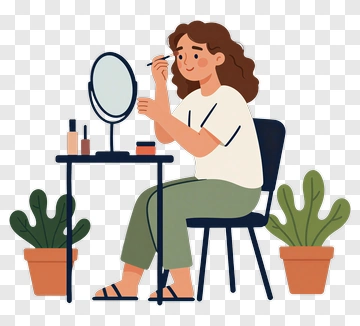 Cartoon Woman Applying Makeup At Vanity Table PNG